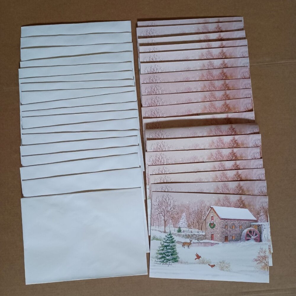18 unused vintage Christmas cards with envelopes snowy rural farming scene